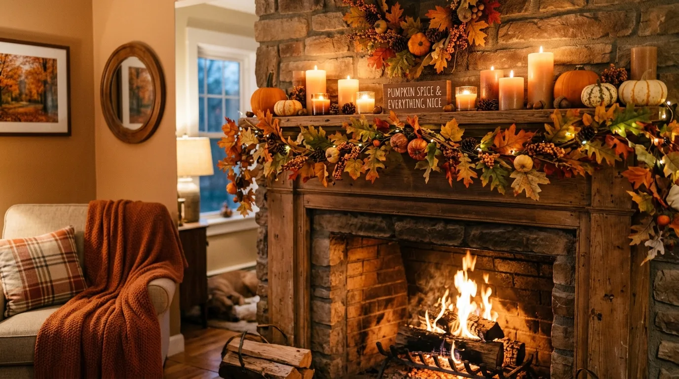Fall mantel with glowing candles and leaves